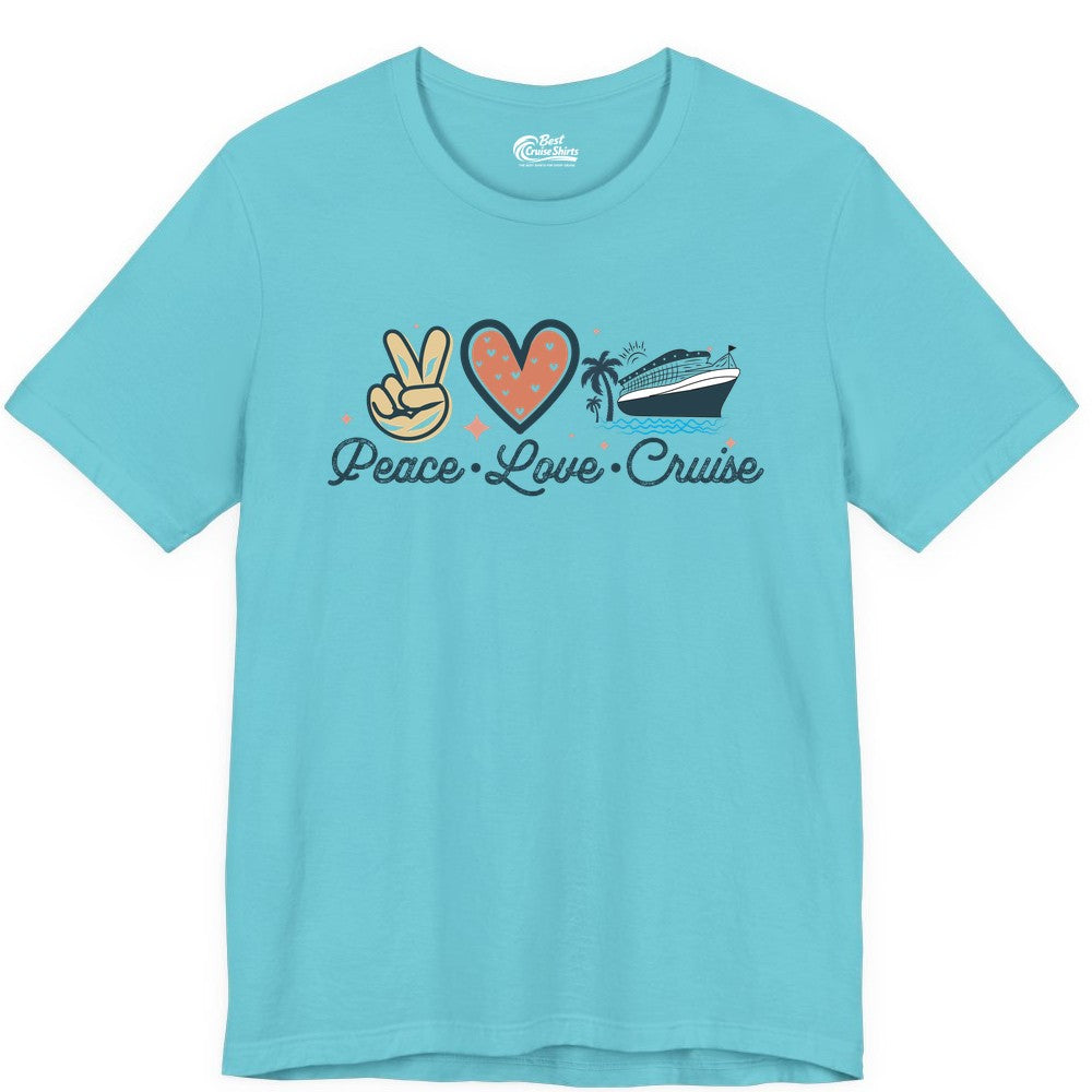 Peace Love Cruise Shirt - Fun Family Cruise Vacation Group Tee (Premium Tee) in Turquoise - Peace Love Cruise Shirt - Retro Hand Sign Heart Ship Group Tee