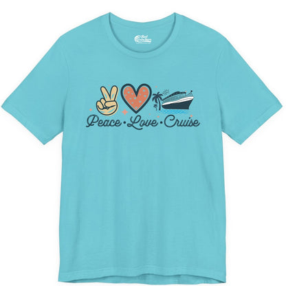 Peace Love Cruise Shirt - Fun Family Cruise Vacation Group Tee (Premium Tee) in Turquoise - Peace Love Cruise Shirt - Retro Hand Sign Heart Ship Group Tee