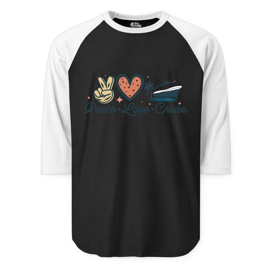 Peace Love Cruise Shirt - Fun Family Cruise Vacation Group Tee (Raglan) in BlackWhite - Peace Love Cruise Shirt - Retro Hand Sign Heart Ship Group Tee