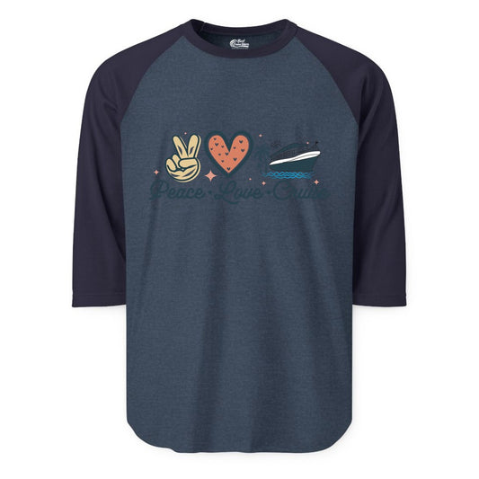 Peace Love Cruise Shirt - Fun Family Cruise Vacation Group Tee (Raglan) in Heather DenimNavy - Peace Love Cruise Shirt - Retro Hand Sign Heart Ship Group Tee