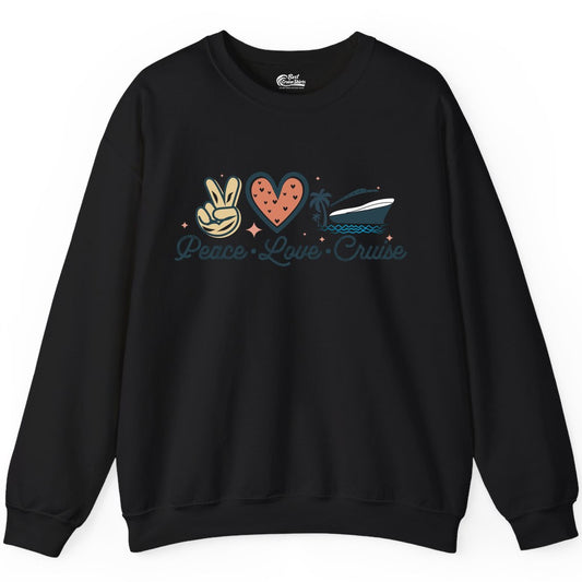 Peace Love Cruise Shirt - Fun Family Cruise Vacation Group Tee (Sweatshirt) in Black - Peace Love Cruise Shirt - Retro Hand Sign Heart Ship Group Tee
