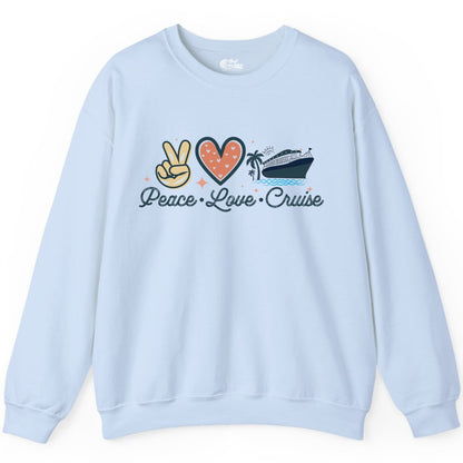 Peace Love Cruise Shirt - Fun Family Cruise Vacation Group Tee (Sweatshirt) in Light Blue - Peace Love Cruise Shirt - Retro Hand Sign Heart Ship Group Tee