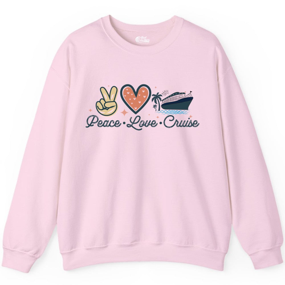 Peace Love Cruise Shirt - Fun Family Cruise Vacation Group Tee (Sweatshirt) in Light Pink - Peace Love Cruise Shirt - Retro Hand Sign Heart Ship Group Tee