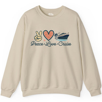 Peace Love Cruise Shirt - Fun Family Cruise Vacation Group Tee (Sweatshirt) in Sand - Peace Love Cruise Shirt - Retro Hand Sign Heart Ship Group Tee