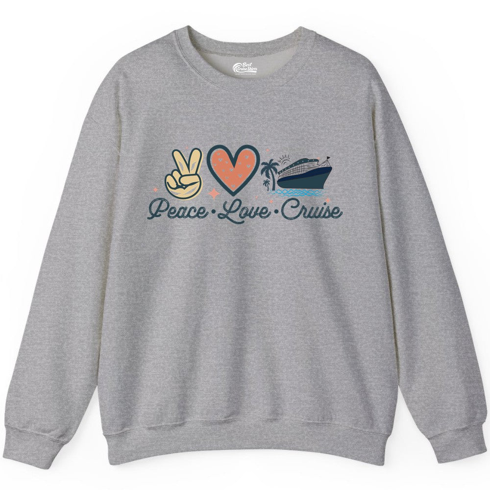 Peace Love Cruise Shirt - Fun Family Cruise Vacation Group Tee (Sweatshirt) in Sport Grey - Peace Love Cruise Shirt - Retro Hand Sign Heart Ship Group Tee