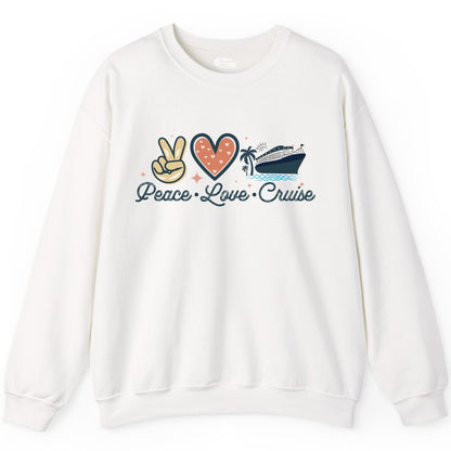 Peace Love Cruise Shirt - Fun Family Cruise Vacation Group Tee (Sweatshirt) in White - Peace Love Cruise Shirt - Retro Hand Sign Heart Ship Group Tee