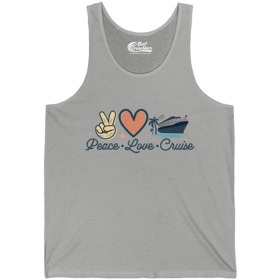 Peace Love Cruise Shirt - Fun Family Cruise Vacation Group Tee (Tank Top) in Athletic Heather - Peace Love Cruise Shirt - Retro Hand Sign Heart Ship Group Tee