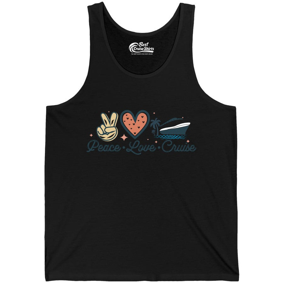 Peace Love Cruise Shirt - Fun Family Cruise Vacation Group Tee (Tank Top) in Black - Peace Love Cruise Shirt - Retro Hand Sign Heart Ship Group Tee