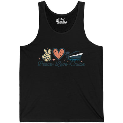 Peace Love Cruise Shirt - Fun Family Cruise Vacation Group Tee (Tank Top) in Black - Peace Love Cruise Shirt - Retro Hand Sign Heart Ship Group Tee