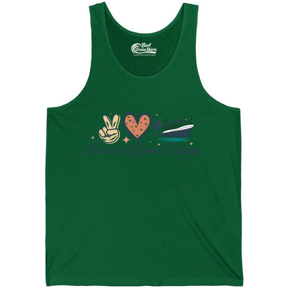 Peace Love Cruise Shirt - Fun Family Cruise Vacation Group Tee (Tank Top) in Kelly - Peace Love Cruise Shirt - Retro Hand Sign Heart Ship Group Tee