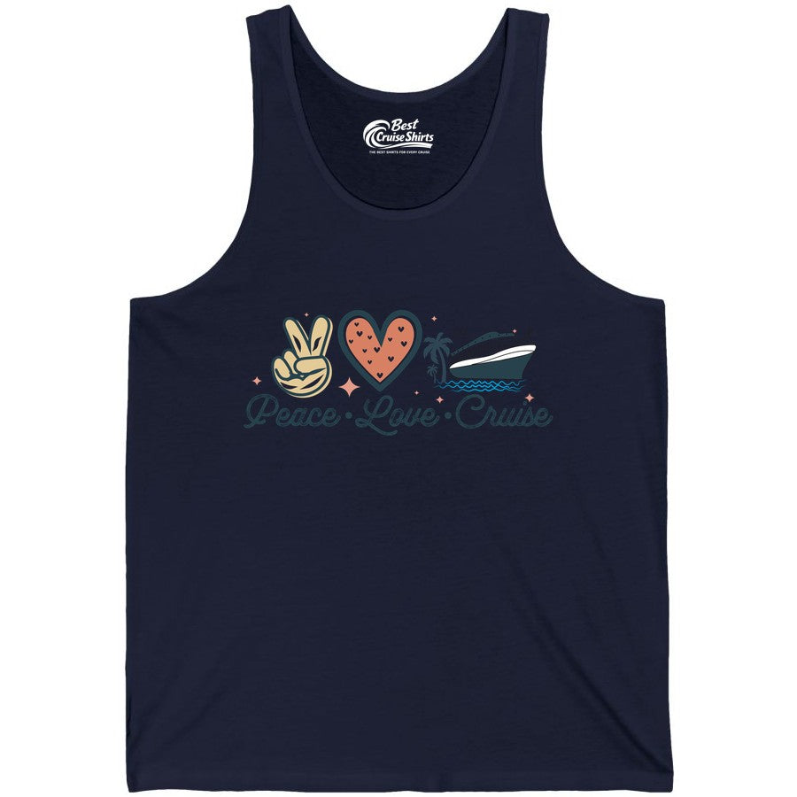 Peace Love Cruise Shirt - Fun Family Cruise Vacation Group Tee (Tank Top) in Navy - Peace Love Cruise Shirt - Retro Hand Sign Heart Ship Group Tee