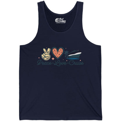 Peace Love Cruise Shirt - Fun Family Cruise Vacation Group Tee (Tank Top) in Navy - Peace Love Cruise Shirt - Retro Hand Sign Heart Ship Group Tee