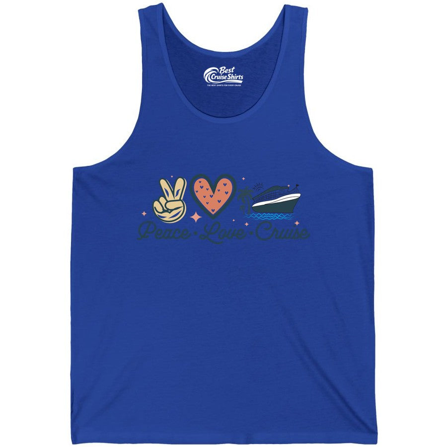 Peace Love Cruise Shirt - Fun Family Cruise Vacation Group Tee (Tank Top) in True Royal - Peace Love Cruise Shirt - Retro Hand Sign Heart Ship Group Tee