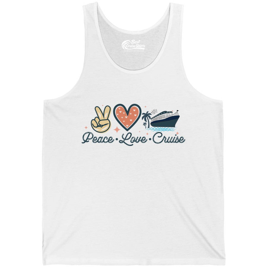 Peace Love Cruise Shirt - Fun Family Cruise Vacation Group Tee (Tank Top) in White - Peace Love Cruise Shirt - Retro Hand Sign Heart Ship Group Tee