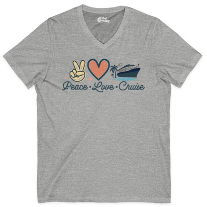 Peace Love Cruise Shirt - Fun Family Cruise Vacation Group Tee (V-Neck) in Athletic Heather - Peace Love Cruise Shirt - Retro Hand Sign Heart Ship Group Tee