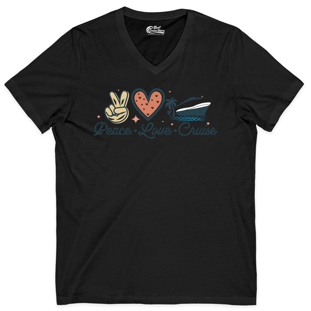 Peace Love Cruise Shirt - Fun Family Cruise Vacation Group Tee (V-Neck) in Black - Peace Love Cruise Shirt - Retro Hand Sign Heart Ship Group Tee