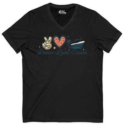 Peace Love Cruise Shirt - Fun Family Cruise Vacation Group Tee (V-Neck) in Black - Peace Love Cruise Shirt - Retro Hand Sign Heart Ship Group Tee