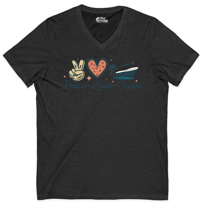 Peace Love Cruise Shirt - Fun Family Cruise Vacation Group Tee (V-Neck) in Dark Grey Heather - Peace Love Cruise Shirt - Retro Hand Sign Heart Ship Group Tee