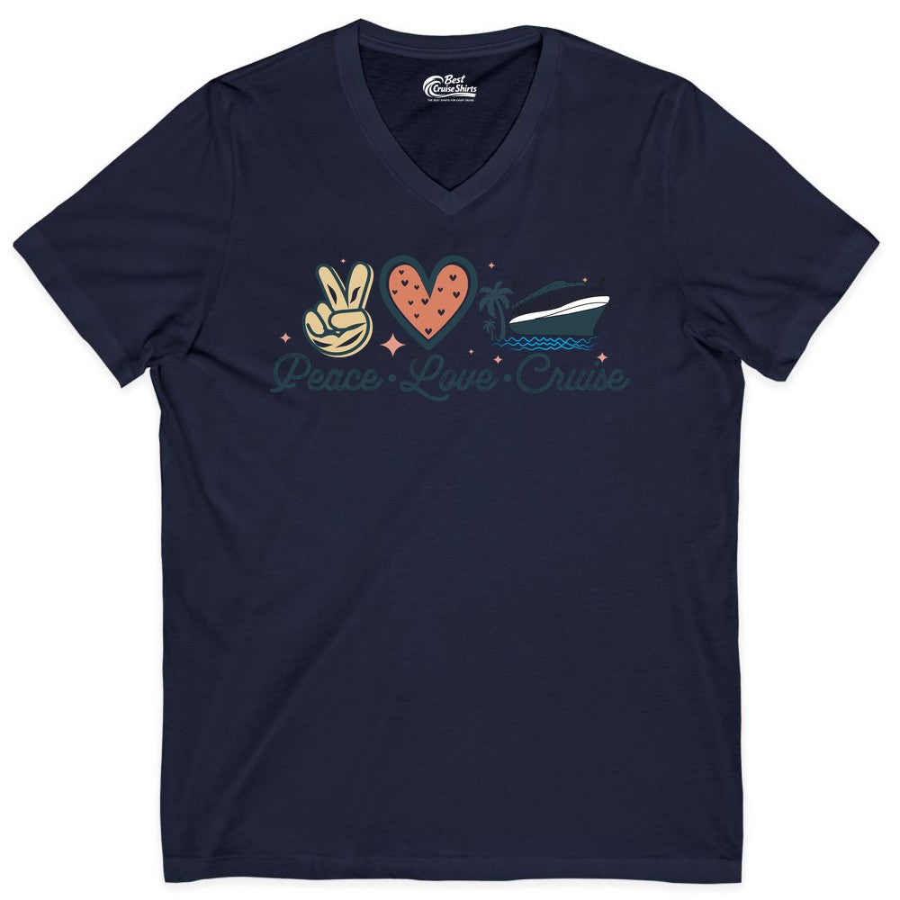 Peace Love Cruise Shirt - Fun Family Cruise Vacation Group Tee (V-Neck) in Navy - Peace Love Cruise Shirt - Retro Hand Sign Heart Ship Group Tee