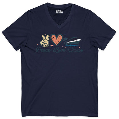 Peace Love Cruise Shirt - Fun Family Cruise Vacation Group Tee (V-Neck) in Navy - Peace Love Cruise Shirt - Retro Hand Sign Heart Ship Group Tee