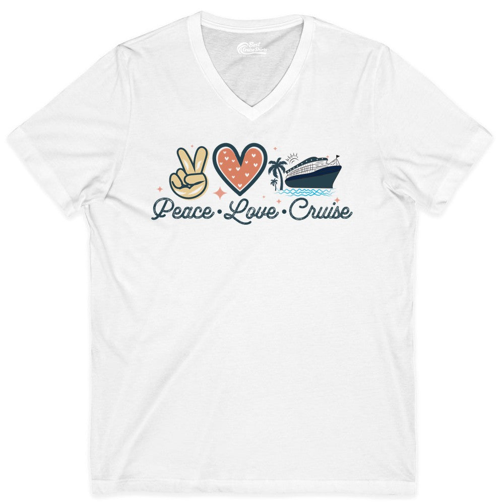 Peace Love Cruise Shirt - Fun Family Cruise Vacation Group Tee (V-Neck) in White - Peace Love Cruise Shirt - Retro Hand Sign Heart Ship Group Tee