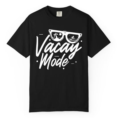 Vacay Mode Shirt - Beach Vacation Shirt for Summer Travel Adventures (Comfort Color) in Black - Vacay Mode Shirt - Sunglasses Beach Scene Summer Travel Tee