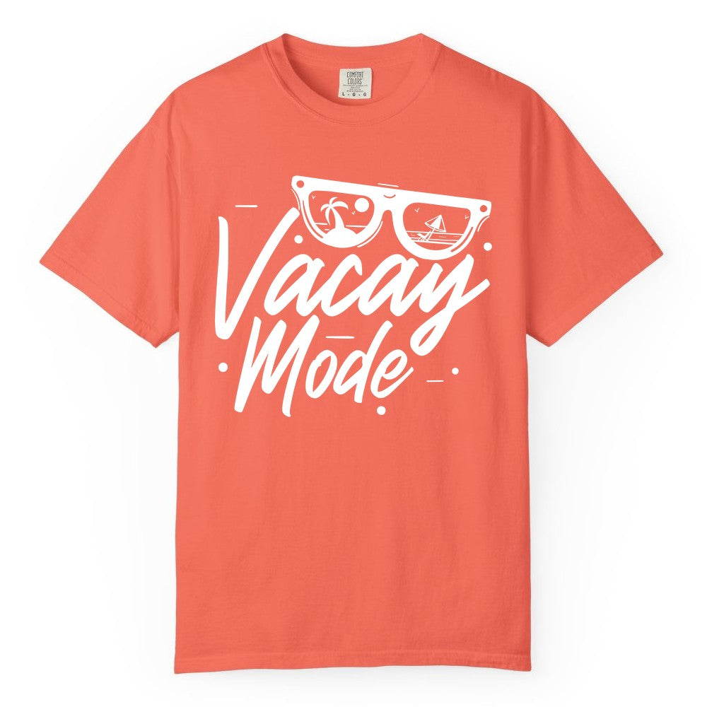 Vacay Mode Shirt - Beach Vacation Shirt for Summer Travel Adventures (Comfort Color) in Bright Salmon - Vacay Mode Shirt - Sunglasses Beach Scene Summer Travel Tee