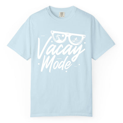 Vacay Mode Shirt - Beach Vacation Shirt for Summer Travel Adventures (Comfort Color) in Chambray - Vacay Mode Shirt - Sunglasses Beach Scene Summer Travel Tee