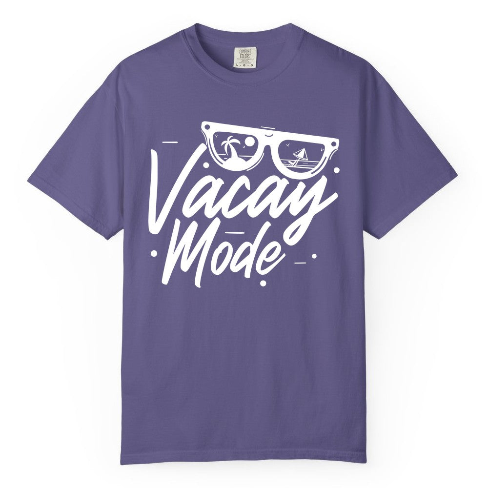 Vacay Mode Shirt - Beach Vacation Shirt for Summer Travel Adventures (Comfort Color) in Grape - Vacay Mode Shirt - Sunglasses Beach Scene Summer Travel Tee