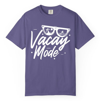 Vacay Mode Shirt - Beach Vacation Shirt for Summer Travel Adventures (Comfort Color) in Grape - Vacay Mode Shirt - Sunglasses Beach Scene Summer Travel Tee