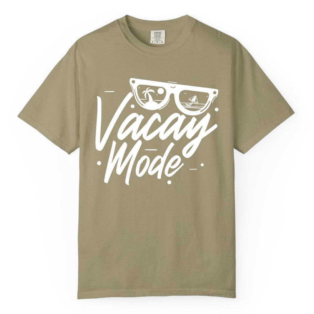 Vacay Mode Shirt - Beach Vacation Shirt for Summer Travel Adventures (Comfort Color) in Khaki - Vacay Mode Shirt - Sunglasses Beach Scene Summer Travel Tee