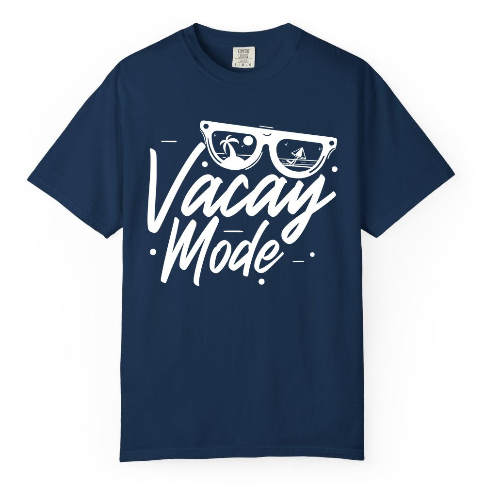 Vacay Mode Shirt - Beach Vacation Shirt for Summer Travel Adventures (Comfort Color) in Navy - Vacay Mode Shirt - Sunglasses Beach Scene Summer Travel Tee