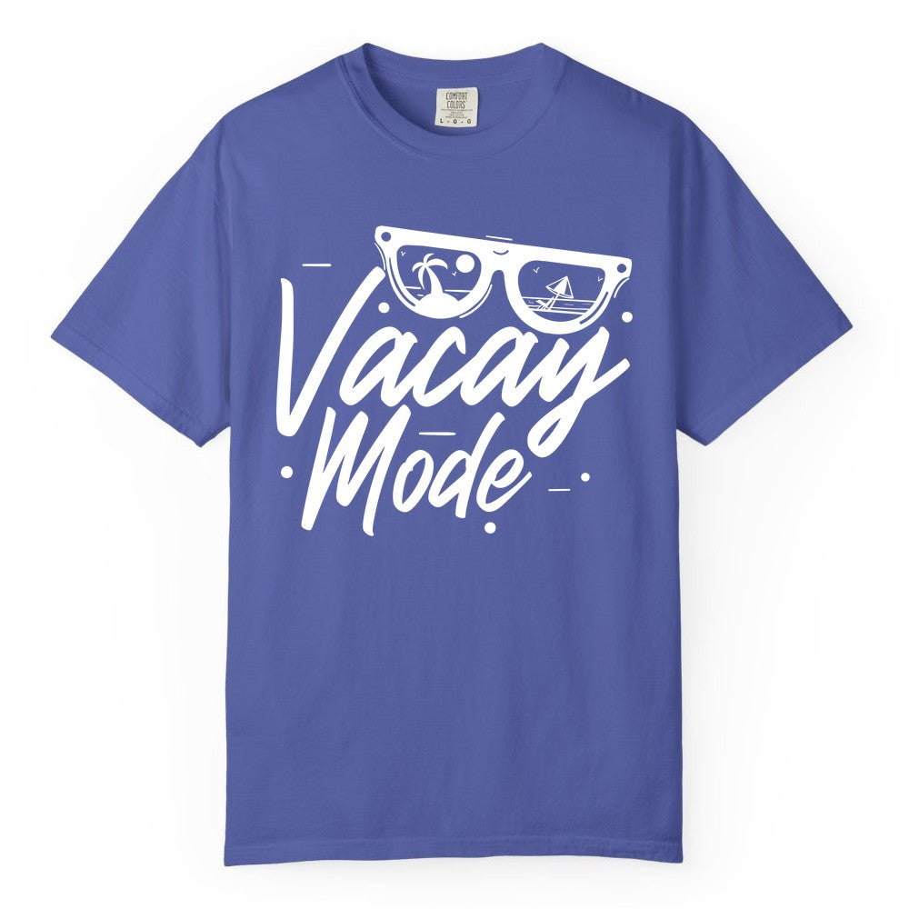 Vacay Mode Shirt - Beach Vacation Shirt for Summer Travel Adventures (Comfort Color) in Periwinkle - Vacay Mode Shirt - Sunglasses Beach Scene Summer Travel Tee