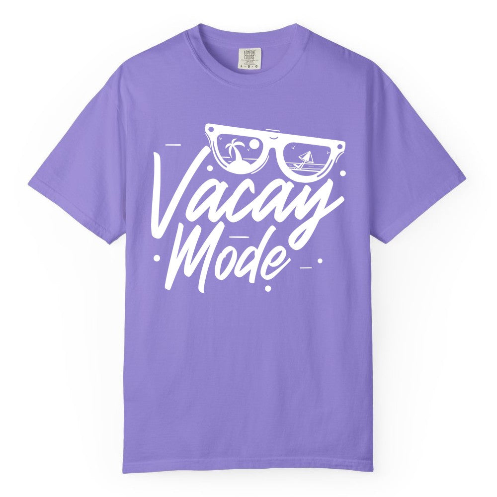 Vacay Mode Shirt - Beach Vacation Shirt for Summer Travel Adventures (Comfort Color) in Violet - Vacay Mode Shirt - Sunglasses Beach Scene Summer Travel Tee