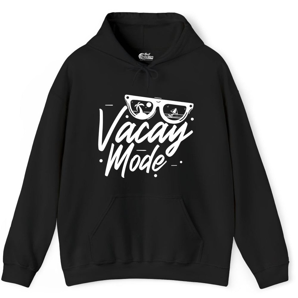 Vacay Mode Shirt - Beach Vacation Shirt for Summer Travel Adventures (Hoodie) in Black - Vacay Mode Shirt - Sunglasses Beach Scene Summer Travel Tee