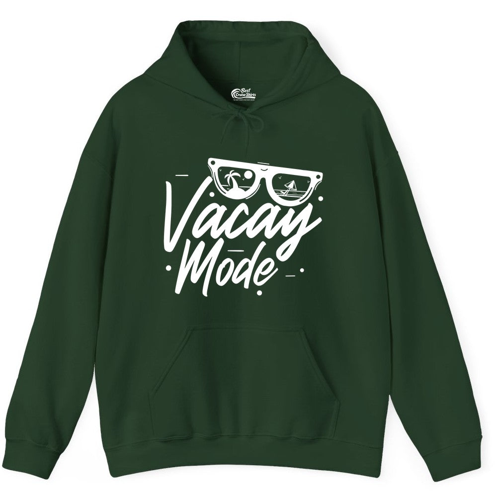 Vacay Mode Shirt - Beach Vacation Shirt for Summer Travel Adventures (Hoodie) in Forest Green - Vacay Mode Shirt - Sunglasses Beach Scene Summer Travel Tee