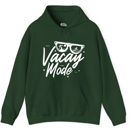 Vacay Mode Shirt - Beach Vacation Shirt for Summer Travel Adventures (Hoodie) in Forest Green - Vacay Mode Shirt - Sunglasses Beach Scene Summer Travel Tee