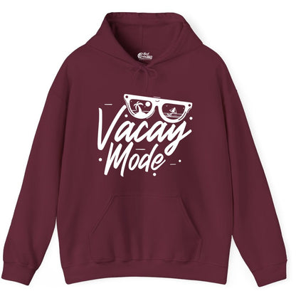 Vacay Mode Shirt - Beach Vacation Shirt for Summer Travel Adventures (Hoodie) in Maroon - Vacay Mode Shirt - Sunglasses Beach Scene Summer Travel Tee