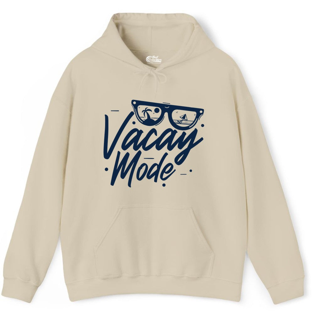 Vacay Mode Shirt - Beach Vacation Shirt for Summer Travel Adventures (Hoodie) in Sand - Vacay Mode Shirt - Sunglasses Beach Scene Summer Travel Tee
