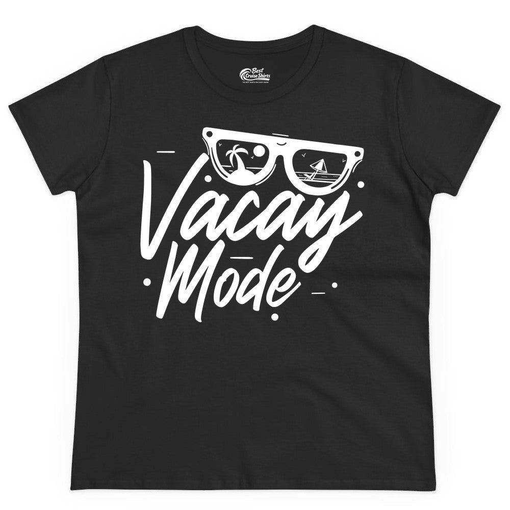 Vacay Mode Shirt - Beach Vacation Shirt for Summer Travel Adventures (Ladies Tee) in Black - Vacay Mode Shirt - Sunglasses Beach Scene Summer Travel Tee