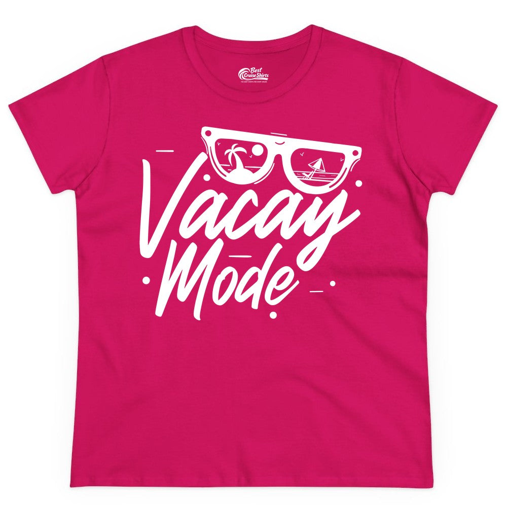 Vacay Mode Shirt - Beach Vacation Shirt for Summer Travel Adventures (Ladies Tee) in Heliconia - Vacay Mode Shirt - Sunglasses Beach Scene Summer Travel Tee
