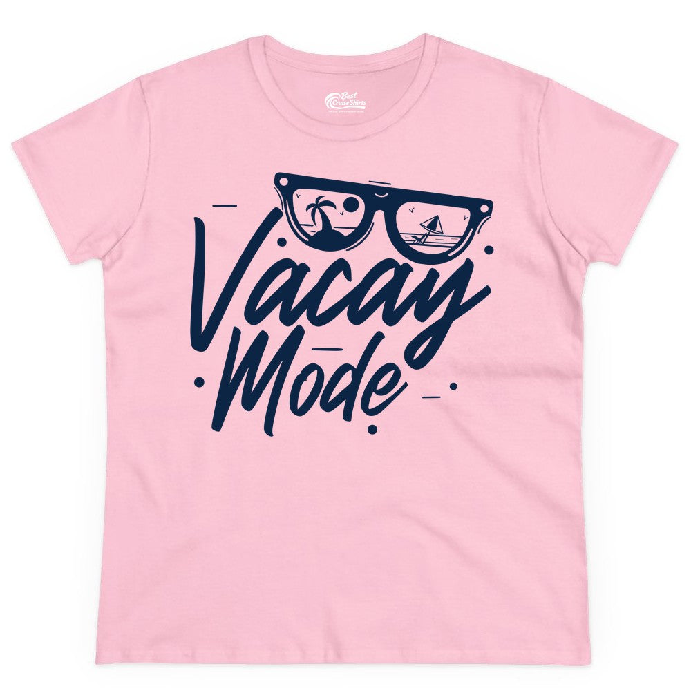 Vacay Mode Shirt - Beach Vacation Shirt for Summer Travel Adventures (Ladies Tee) in Light Pink - Vacay Mode Shirt - Sunglasses Beach Scene Summer Travel Tee