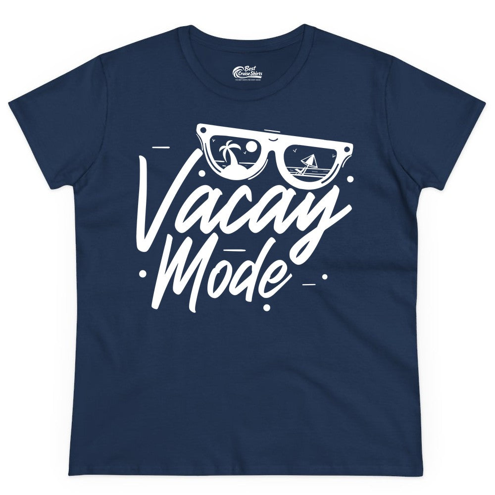 Vacay Mode Shirt - Beach Vacation Shirt for Summer Travel Adventures (Ladies Tee) in Navy - Vacay Mode Shirt - Sunglasses Beach Scene Summer Travel Tee