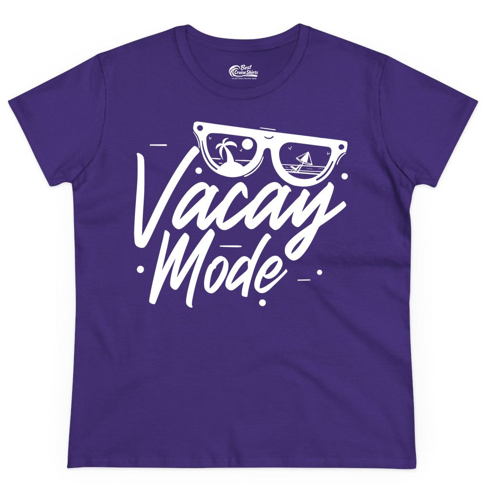 Vacay Mode Shirt - Beach Vacation Shirt for Summer Travel Adventures (Ladies Tee) in Purple - Vacay Mode Shirt - Sunglasses Beach Scene Summer Travel Tee
