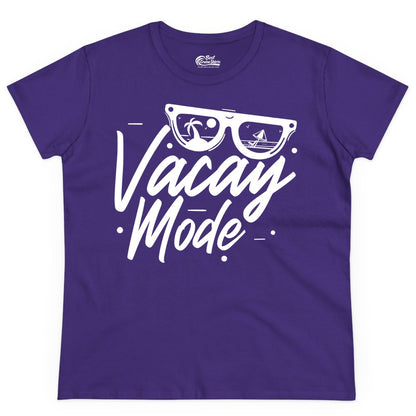 Vacay Mode Shirt - Beach Vacation Shirt for Summer Travel Adventures (Ladies Tee) in Purple - Vacay Mode Shirt - Sunglasses Beach Scene Summer Travel Tee