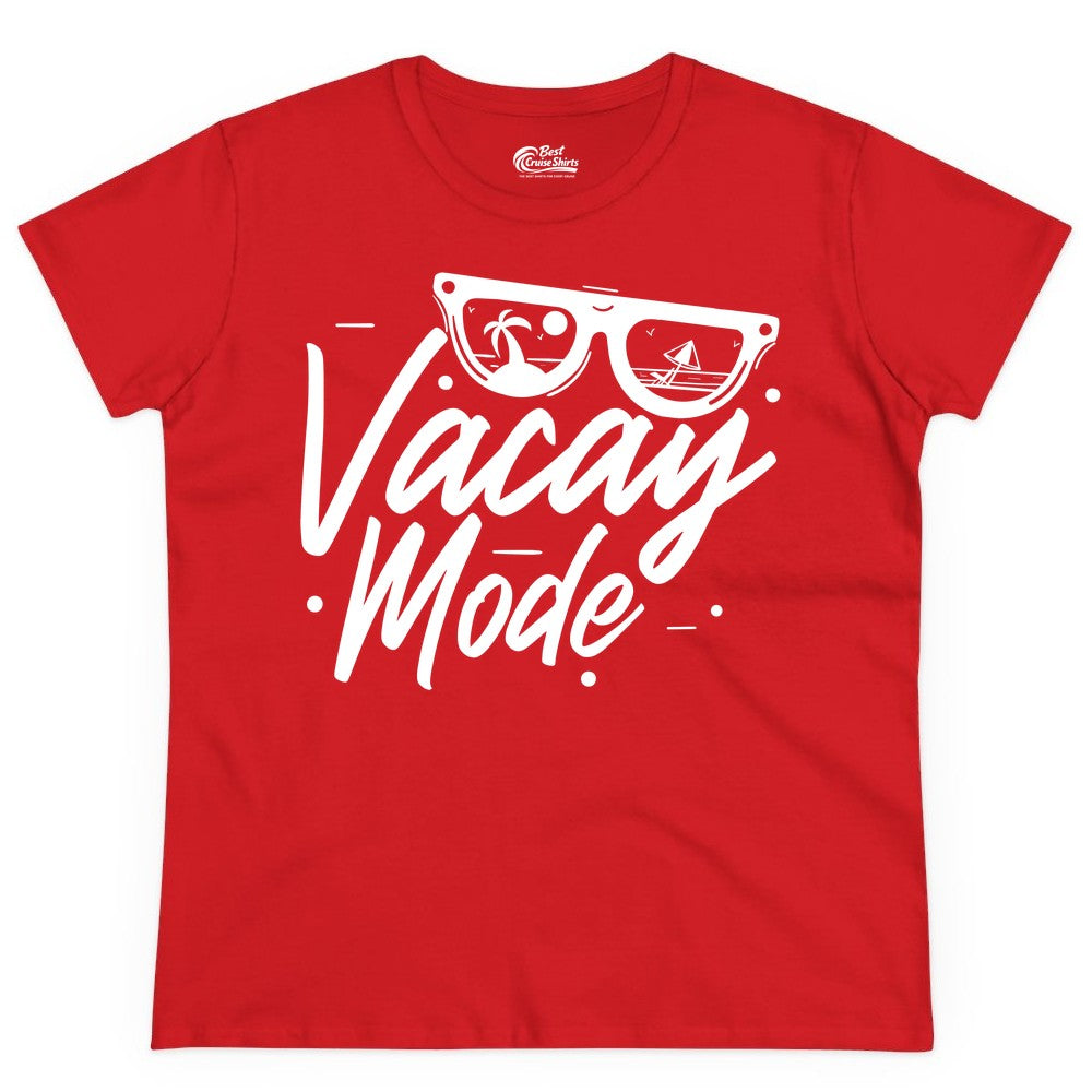 Vacay Mode Shirt - Beach Vacation Shirt for Summer Travel Adventures (Ladies Tee) in Red - Vacay Mode Shirt - Sunglasses Beach Scene Summer Travel Tee