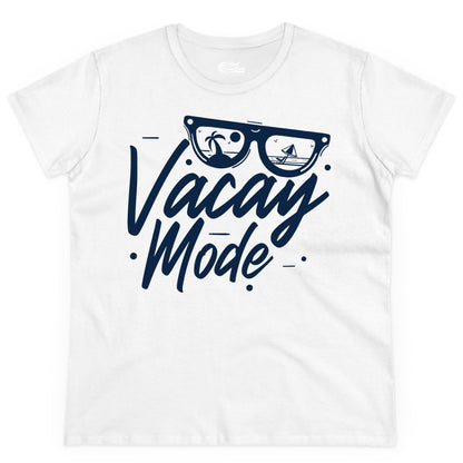 Vacay Mode Shirt - Beach Vacation Shirt for Summer Travel Adventures (Ladies Tee) in White - Vacay Mode Shirt - Sunglasses Beach Scene Summer Travel Tee