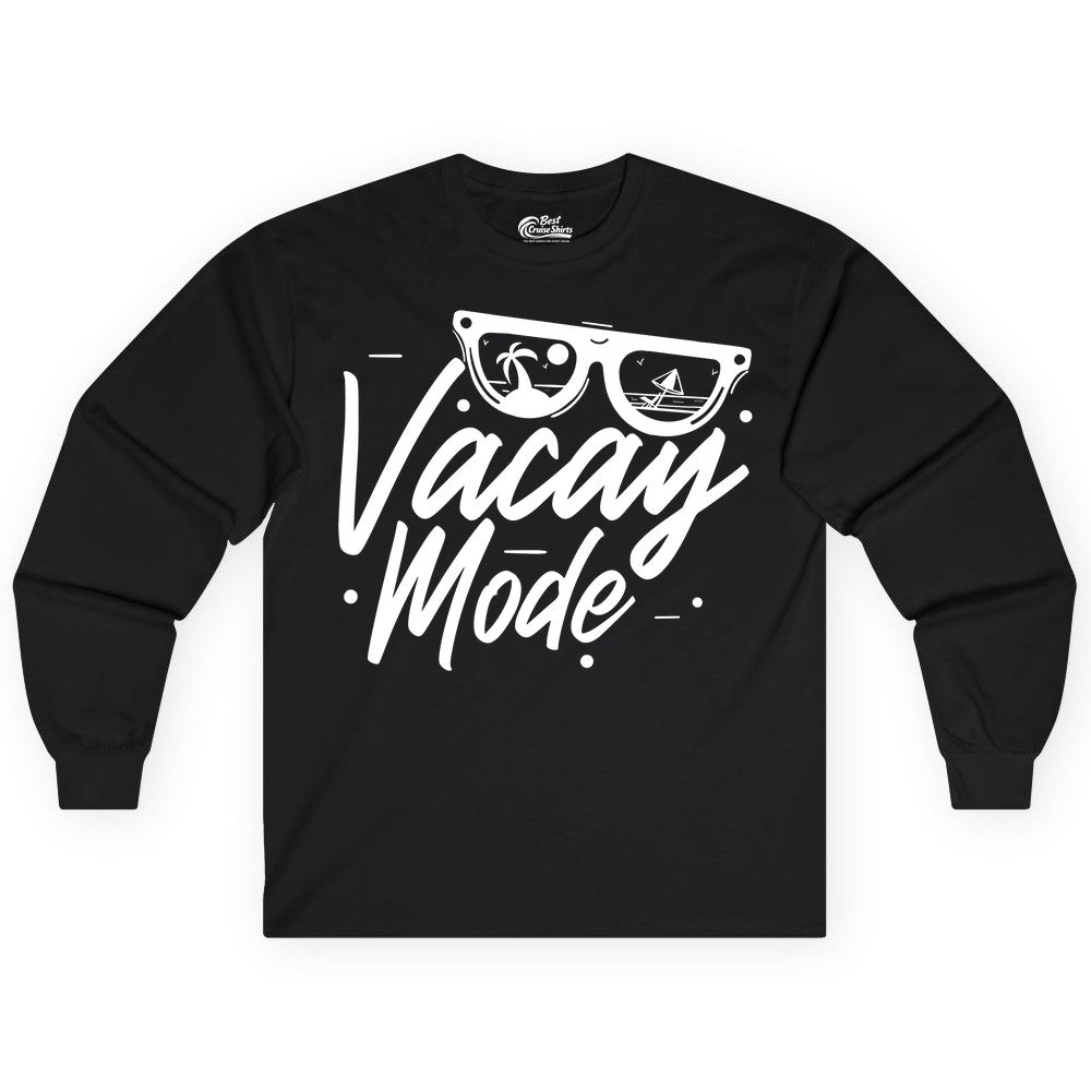 Vacay Mode Shirt - Beach Vacation Shirt for Summer Travel Adventures (Long Sleeve) in Black - Vacay Mode Shirt - Sunglasses Beach Scene Summer Travel Tee