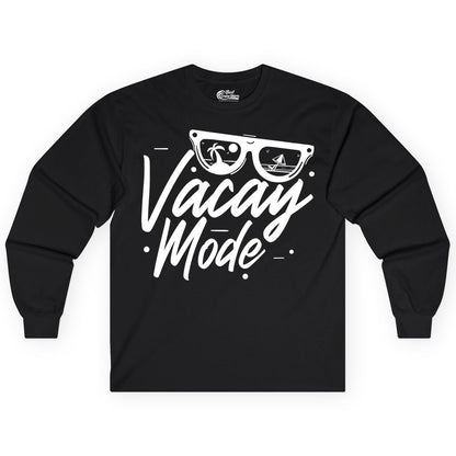Vacay Mode Shirt - Beach Vacation Shirt for Summer Travel Adventures (Long Sleeve) in Black - Vacay Mode Shirt - Sunglasses Beach Scene Summer Travel Tee