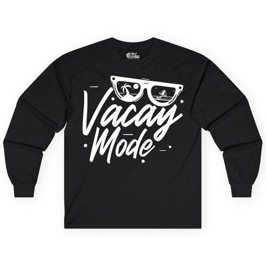 Vacay Mode Shirt - Beach Vacation Shirt for Summer Travel Adventures (Long Sleeve) in Black - Vacay Mode Shirt - Sunglasses Beach Scene Summer Travel Tee